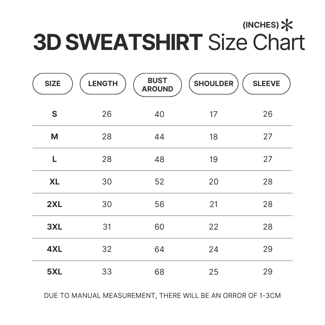 3D Sweatshirt Size Chart - Berserk Merchandise
