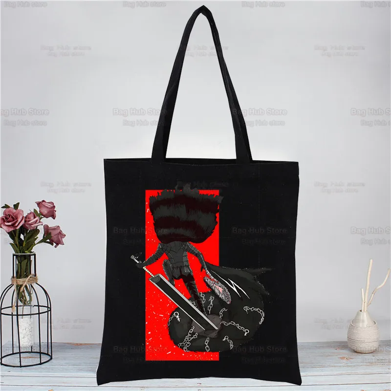 Manga Berserk Swordsman Gatsu Harajuku Fashion Shopping Black Bags Canvas Tote Bag Reusable Cloth Bag Handbag 3 - Berserk Merchandise Store