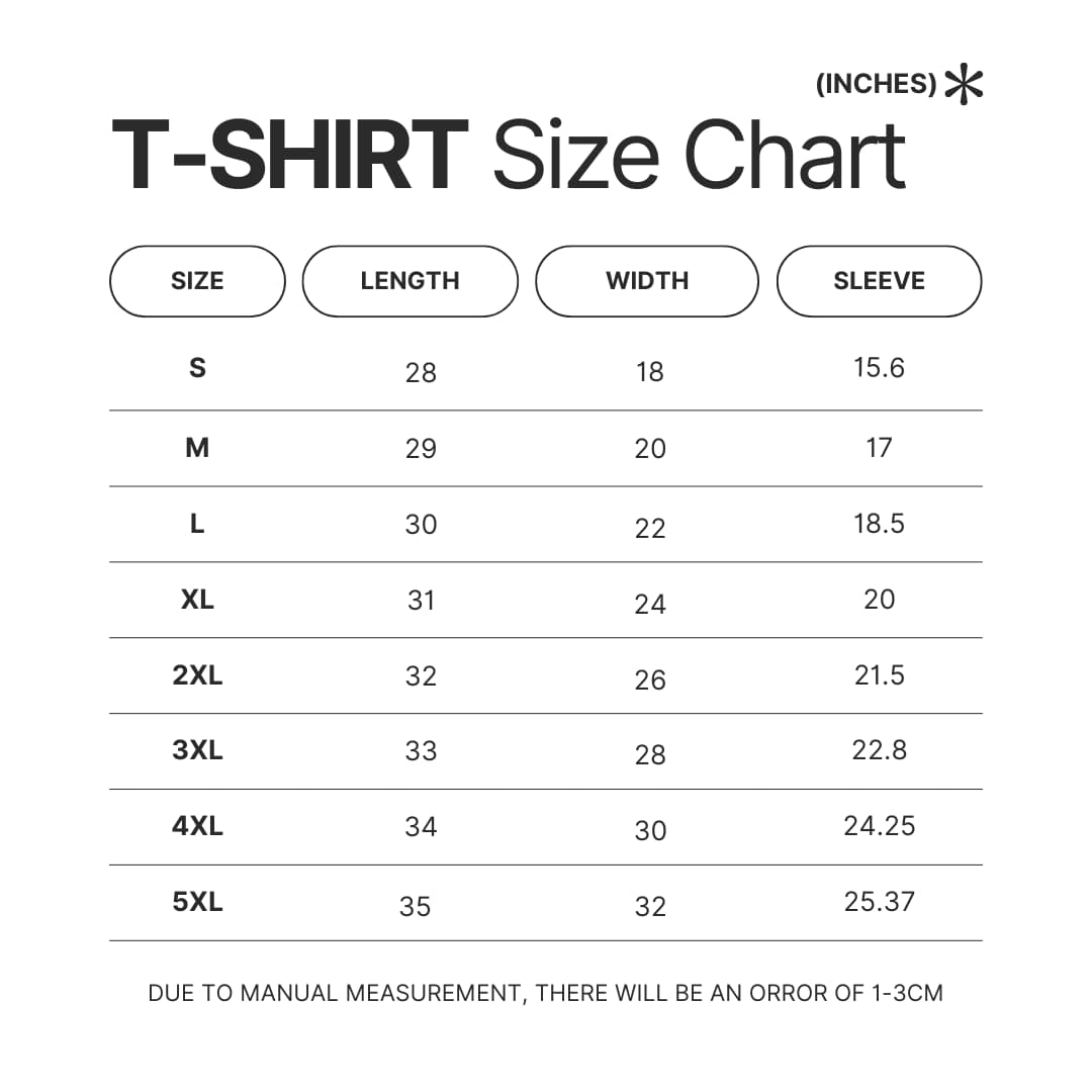 3D T shirt Size Chart - Berserk Merchandise Store